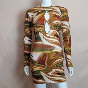 PrettyLittleThing Shape Multi Swirl Print Slinky Cut Out Bodycon Dress size 10